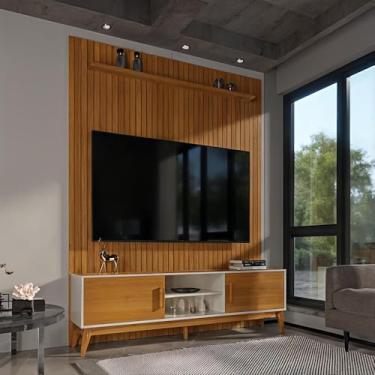 Imagem de Painel Ripado Com Rack Tv 75 Polegadas Domus 184cm - Off White e Cedro