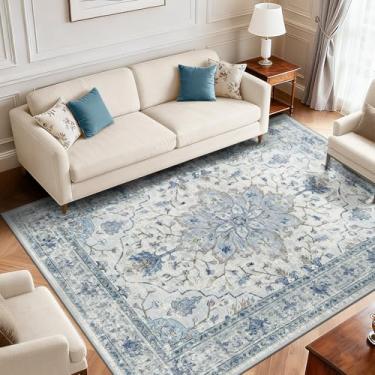 Imagem de RELEANY Area Rugs 1,8 m x 2,5 m lavável aspirador de pó, antiderrapante, floral, vintage, estampa de angústia, tapete medalhão para sala de estar, quarto, azul claro, azul-marinho, bege, cinza, branco