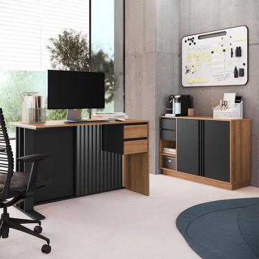 Imagem de Conjunto de Escrivaninha Salir 2 Gavetas com Armário de Escritório Office 2 Portas 2 Gavetas Mel e Grafite