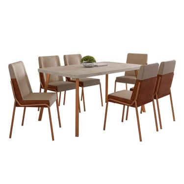 Imagem de Conjunto de Mesa Retangular com Tampo MDP Petra Stellar e 6 Cadeiras Felipa Linho Areia e Caramelo