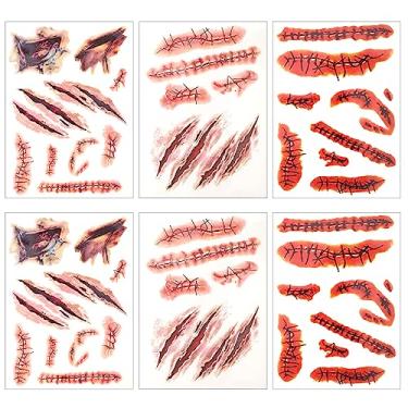 Imagem de 6 folhas de adesivos de tatuagem temporária de Halloween, 21 x 14 cm, à prova d'água, costura de cicatriz, cicatriz de Halloween, terror, ferimento sangrento falso para adultos, maquiagem, cosplay