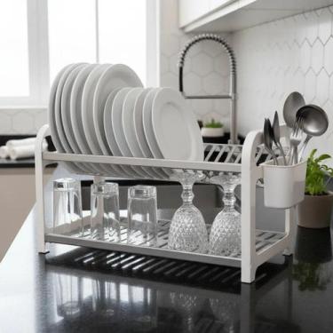 Imagem de Escorredor de Louça 20 Pratos Branco em aço Inox com Porta Talher Orga