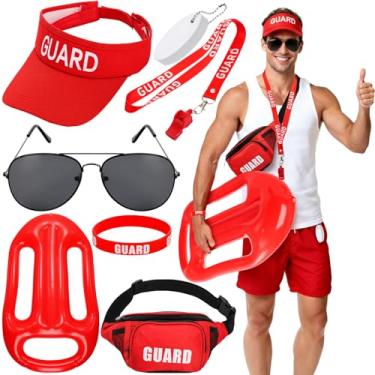 Imagem de Coloch Conjunto de fantasia de guarda de 7 peças, acessórios de roupa de salva-vidas inclui pochete, apito, pulseira, boia inflável, óculos de sol e chaveiro flutuante para festa na piscina, Halloween