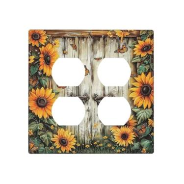 Imagem de SgEdao Capa decorativa para tomada de girassol, madeira vintage, porta de celeiro, 2 gangs, receptáculo duplex, dois interruptores, placa frontal dupla jumbo para decoração de casa