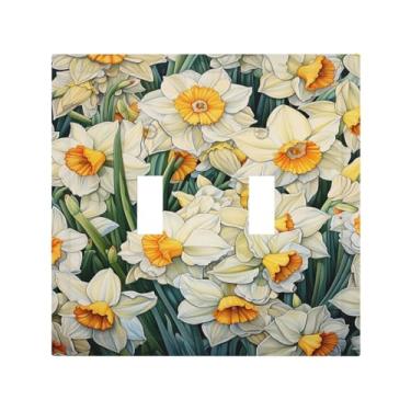 Imagem de Nadoabtm Placas de interruptor decorativas, simples, branco, flor, floral, 2 gangues, interruptor duplo, interruptor de luz, placa de parede, placa frontal elétrica para decoração de quarto e banheiro
