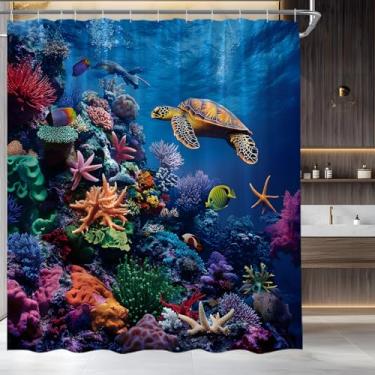 Imagem de Cortina de chuveiro tartaruga marinha mundo subaquático colorido peixe tropical coral azul oceano conjunto de decoração de banheiro, 178 x 177 cm