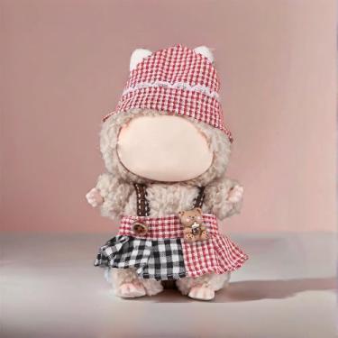 Imagem de Compatível com Labubu (sem boneca) – Conjunto de chapéu guingão vermelho e saia xadrez de patchwork com decoração de urso, roupa para bonecas de pelúcia de 15 cm/17 cm, acessórios de boneca fofa