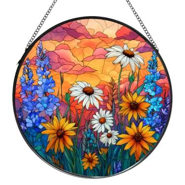 Imagem de Qigfucm Suncatcher de vidro com flores de pôr do sol, design colorido de flores silvestres de 19 cm, decoração suspensa de vitral, para aniversário de mamãe avó (margaridas)