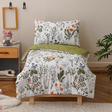Imagem de Wellboo Conjunto de cama botânico infantil para meninas, meninos, branco e verde, floral, 4 peças, incluindo edredom, lençóis e fronha, aquarela, boêmia, colcha rústica com folhas e flores