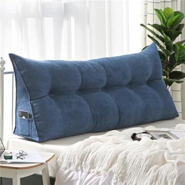 Imagem de Travesseiro triangular de cunha para cabeceira, cama de solteiro, para cabeceira, sofás, beliches, leitura, descanso de cama com bolso lateral, almofada grande para encosto com capa destacável, azul