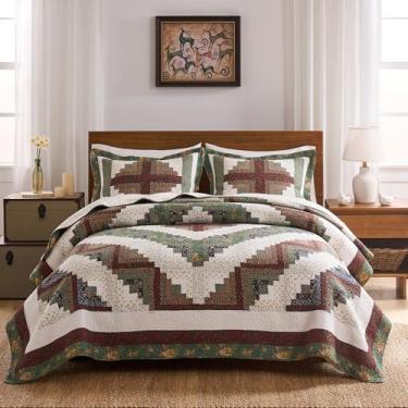 Imagem de NIUDÉCOR HOME Farmhouse Conjunto de colcha vintage de patchwork – 3 peças de colcha rústica feita à mão com fronhas, capa de cama de Natal para casal/queen (verde, marrom