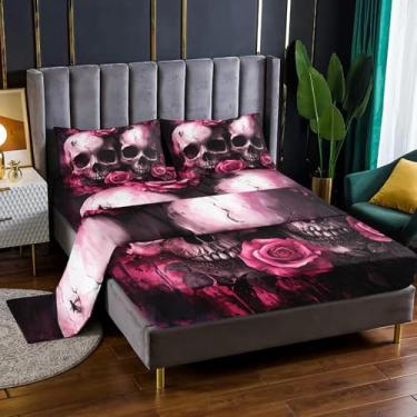 Imagem de Nttopship Jogo de cama casal com caveira, 4 peças, vintage, rosa açúcar, bolsos profundos, caveira gótica, esqueleto, flor, decoração de quarto, 4 peças (1 lençol + 1 lençol + 2 fronhas)