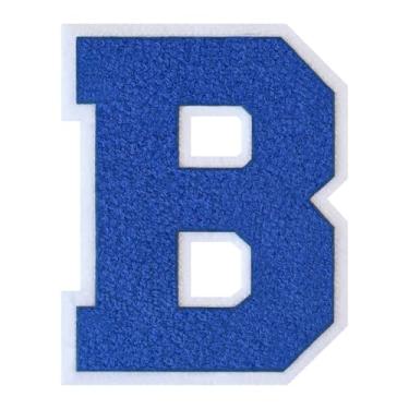 Imagem de 1 Patch de letra de chenille azul de 15 cm com borda branca – Adesivos do alfabeto para roupas, jaquetas, mochilas, chapéus para decoração personalizada, nome personalizado e artesanato. (B)