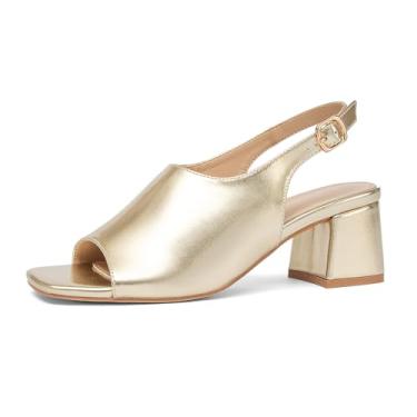Imagem de NEWBELLA Sandálias femininas de bico quadrado com salto baixo e tira ajustável no tornozelo, sandálias elegantes para casamentos, festas e eventos noturnos, Dourado, 34