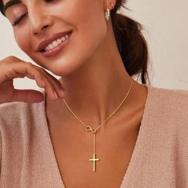 Imagem de Colar com pingente de cruz para mulheres, banhado a ouro 14K, delicado infinito, pingente longo, joia moderna à prova d'água para presentes de Natal, Large, Metal, Sem Pedra Preciosa