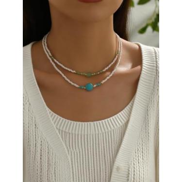 Imagem de Coleção de colares em camadas com contas, 5 estilos de colares boho com detalhes de pérola e pedras preciosas para mulheres, joias modernas para uso diário e férias, One Size, Metal Vidro, Sem Pedra