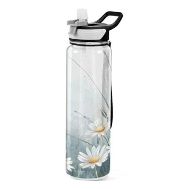 Imagem de ATTX Garrafa de água Beautiful Daisies, 947 ml, à prova de vazamento e livre de BPA, garrafas de água reutilizáveis de plástico Tritan para viagens, academia, corrida (111)