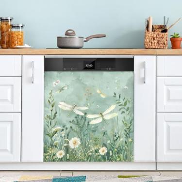 Imagem de ATTX Capa de ímã de lava-louças libélula verde, 58 cm C x 66 cm A decoração da capa frontal da máquina de lavar louça, decalques para armários domésticos e eletrodomésticos #90