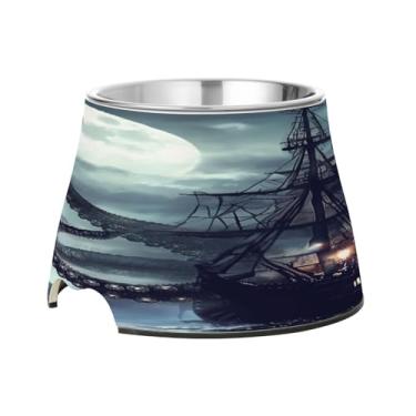 Imagem de Blueangle Tigelas elevadas para cães com aço inoxidável – Prato antiderrapante de 2,3 xícaras para animais de estimação de alta capacidade para saúde da coluna e design de navio pirata (276)
