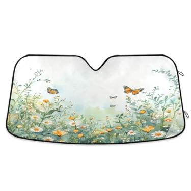 Imagem de ATTX Para-brisa de carro flores silvestres e borboletas 144.8 cm x 80.0 cm Protetor solar universal com proteção UV, persiana de janela frontal automática dobrável para sedãs SUVs caminhões #404