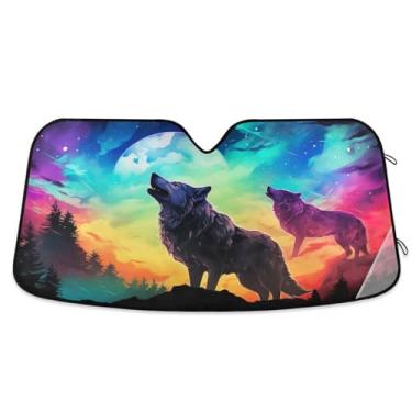 Imagem de ATTX Para-brisa de carro Lobo colorido 139.7 cm x 70.1 cm Protetor solar universal com proteção UV, persiana de janela frontal automática dobrável para caminhões Sedans SUVs #468