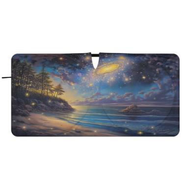 Imagem de ATTX Belo para-sol para para-brisa de carro com cena de praia - 157,5 cm x 81,3 cm viseira de proteção solar universal | Acessórios automotivos refletores de calor para proteção do para-brisa