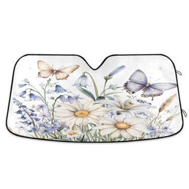 Imagem de ATTX Para-brisa de carro de flores silvestres e borboletas 144.8 cm x 80.0 cm Protetor solar universal com proteção UV, persiana de janela frontal automática dobrável para sedãs SUVs caminhões #360