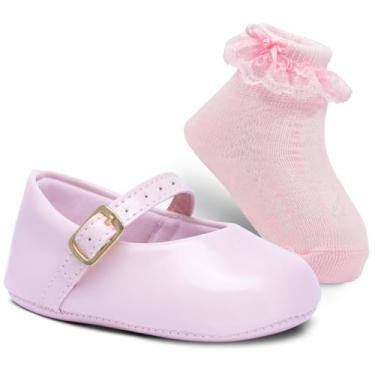 Imagem de Kit Sapatinho Bebe Menina Boneca + Meia Infantil Festa Batizado K53 (Rosa, BR, Bebê, Alfa, P)
