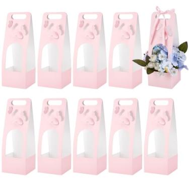 Imagem de BENECREAT Pacote com 10 sacos de presente de flores de papel rosa, 12 x 12 x 35 cm, caixas de buquê com janela, sacos de embrulho para casamento, aniversário, festa, dia dos namorados