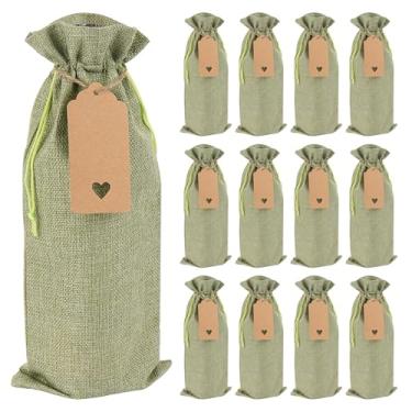 Imagem de BUNCHBRAVO Pacote com 12 sacos de vinho de serapilheira com etiquetas de presente e corda de juta, sacos de garrafa de vinho rústicos com cordão para casamentos, festas e feriados, verde sálvia