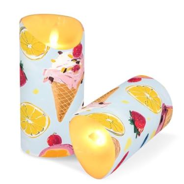Imagem de Blueangle Pacote com 2 velas de sorvete de frutas sem chama com controle remoto e temporizador, velas de pilar cintilantes de LED (7,6 cm x 15 cm) para decoração de casa, casamento, acampamento (57)