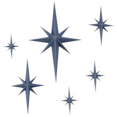 Imagem de WADORN 6 peças de decoração de parede azul e cinza, 3 tamanhos, retrô, 8 pontas, estrelas atômicas, arte de parede de plástico, decoração moderna de meados do século, enfeites de elegância, tapeçarias