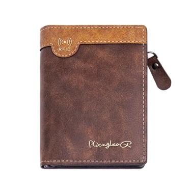 Imagem de Carteira masculina retrô RFID de couro sintético com zíper, carteiras duplas modernas para dinheiro e cartões, carteiras masculinas marrons para presente, Marrom escuro, Retrô
