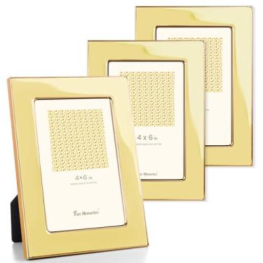 Imagem de Fun Memories Porta-retrato 10 x 15 cm – 3 peças de moldura de vidro esmaltado amarelo com borda de metal dourado e cavalete para exibição em bancadas, mesas, estantes, mesas e paredes (amarelo/dourado