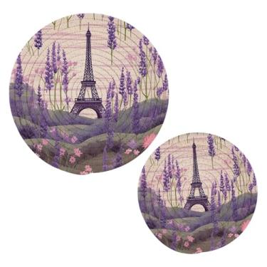 Imagem de Wassud Torre Eiffel Lavanda (2) Conjunto de trivet para pratos quentes, suportes redondos de algodão, almofadas quentes, porta-copos elegantes, decoração de cozinha e acessórios, 2 peças