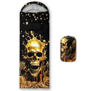 Imagem de QOOMO Sacos de dormir impermeáveis Golden Skull para adultos e crianças, sacos de dormir estampados para acampamento, clima quente e frio, leve, viagem e ao ar livre, equipamento de acampamento, 78,7
