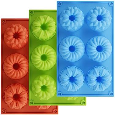 Imagem de 3 peças de molde de donut de silicone resistente ao calor, 3 formas, 6 formas reutilizáveis, formas para assar pão, fácil de liberar, formas de assar rosquinhas, para lava-louças, molde de rosquinha