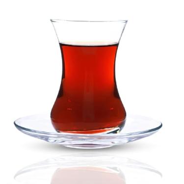 Imagem de Conjunto de copos de chá turco, tamanho grande, design de cintura fina com base grossa evita que o chá esfrie, fácil de manter para 6 pessoas, 6 pires elípticos, 6 copos, conjunto útil (12 peças)