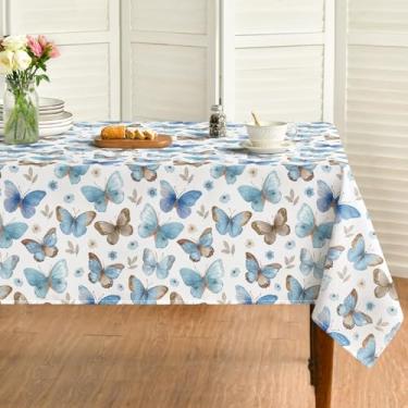 Imagem de Horaldaily Toalha de mesa retangular de 152 x 213 cm, aquarela azul, roxo, cinza, borboletas, flores, lavável, capa de mesa sazonal para decoração de festa, piquenique, jantar