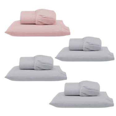 Imagem de Kit 4 Jogos de Lençol Solteiro com Elástico e Fronha Bordada em Ponto Palito, 8 Peças em Micropercal 300 Fios 100% Poliéster (4 Jogos Solteiro Versat (1 Rosê/3 Cinza))