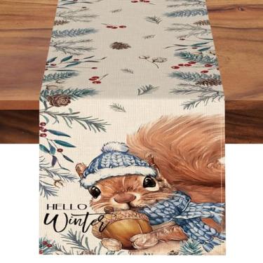 Imagem de Croar Hello Winter Esquilo Esquilo Mesa de Jantar, Ramos de Cones de Pinheiro Bolota, Frutas Vermelhas, Decoração de Cozinha, Decoração de Natal Sazonal Interior Exterior Decoração de Casa Suprimentos