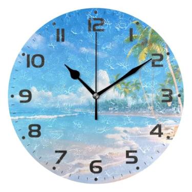 Imagem de JUZIHAI Relógio de parede de praia à beira-mar, silencioso, sem tique-taque, relógios de parede redondos operados por bateria, fácil de ler, relógio decorativo de parede para casa, cozinha, sala de