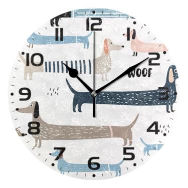 Imagem de JUZIHAI Lindo relógio de parede azul marinho dachshund silencioso, sem tique-taque, relógios de parede redondos, operados por bateria, fácil de ler, relógio decorativo de parede para casa, cozinha