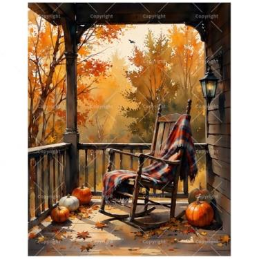 Imagem de Kit de pintura sazonal por números para adultos – varanda de outono faça você mesmo com cadeira de balanço e pintura de abóboras em tela, conjunto de tinta acrílica para iniciantes, ideal para