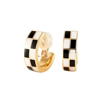 Imagem de FAN&LOUIS Brincos femininos banhados a ouro 24 K, preto e branco, xadrez, hipoalergênicos, não furados, indolores, leves, pequenos brincos de argola 2026