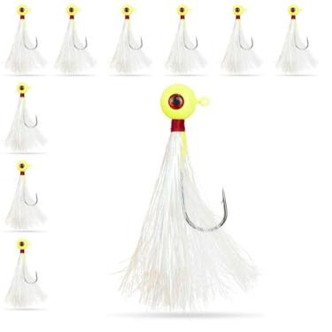 Imagem de Pacote com 10 UMT Chartreuse Fluke Ball Bucktail Jig 113 g Mylar Teaser, Ultra Sharp 6/0 Mustad Hook, Olho 3D – para, Black Sea Bass, Stripers & Bluefish Wrecker Fluke Ball Jig