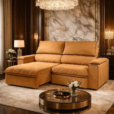 Imagem de Sofá Retrátil Reclinável Mônaco 2,10 Metros Bouclê Mostarda Com Dourado