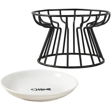 Imagem de Bacia Elevada para Comida de Gato com Suporte Metal Prato Anti-Vômito Gatos Adequado Bigodes Alto- Cerâmica Alivia a Tensão no Pescoço Protege Coluna Cervical Fácil Limpar