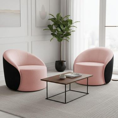 Imagem de Poltrona Sala Orgânica Kit 2 Lua Fixa Sintético Pu Preto/bouclê Rosê D03 - D'rossi