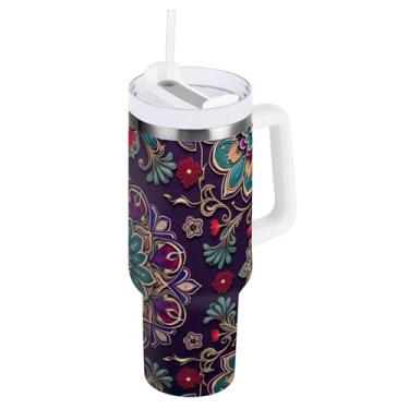 Imagem de Copo grande floral mandala roxo de aço inoxidável isolado com alça e canudo copo de viagem